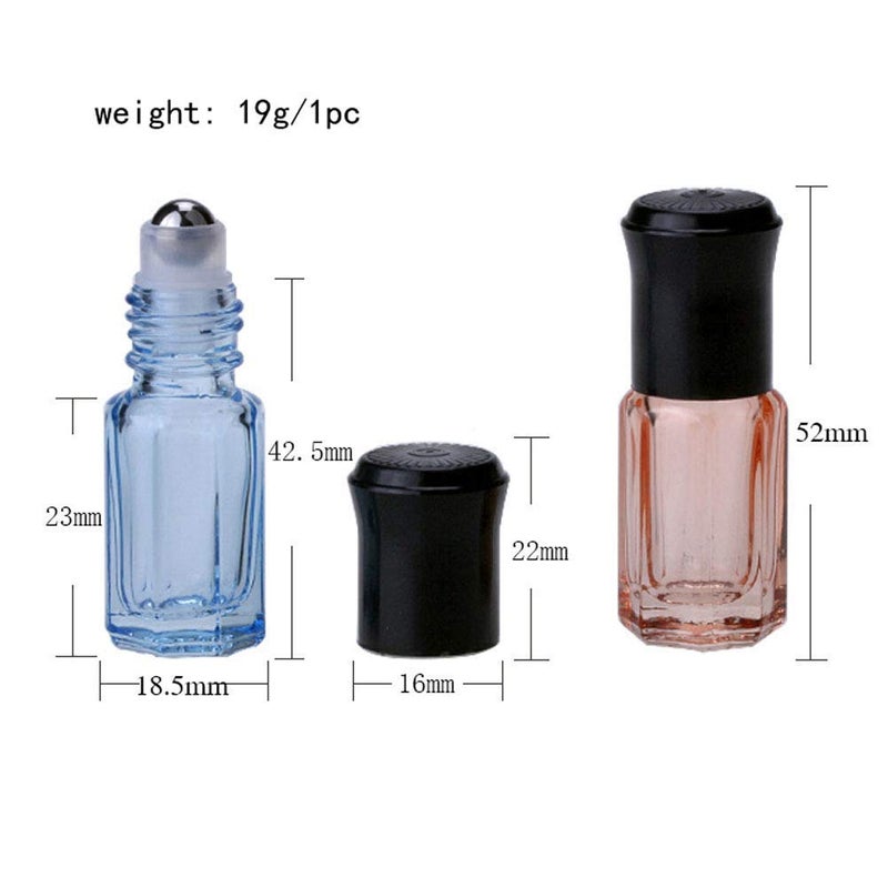 Luzen 12Pcs 3ml Colorful Octagonal Glass Roller Bottles Mini Essential Oil Massage Roll-on Bottle Vials Travel Cosmetic Perfume Sample Containers with Steel Ball Black Cap, 1PC Transfer Dropper and Funnel - Image 5